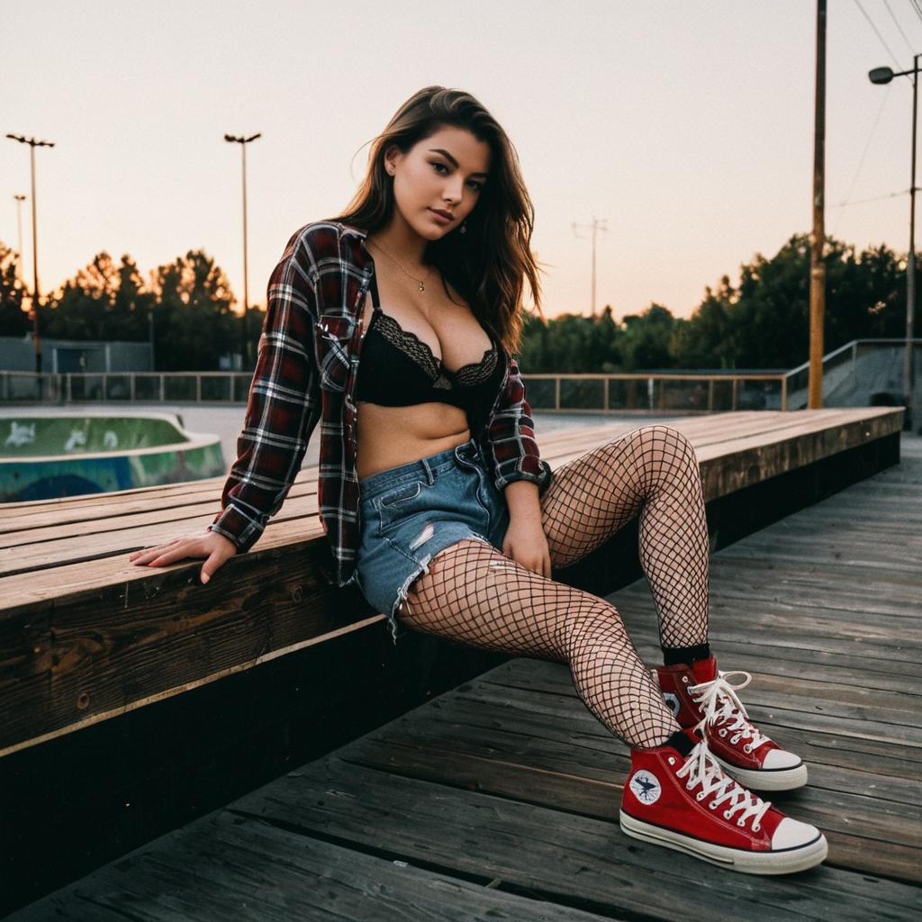 Young Woman in Edgy Urban Outfit Sitting at Skate Park