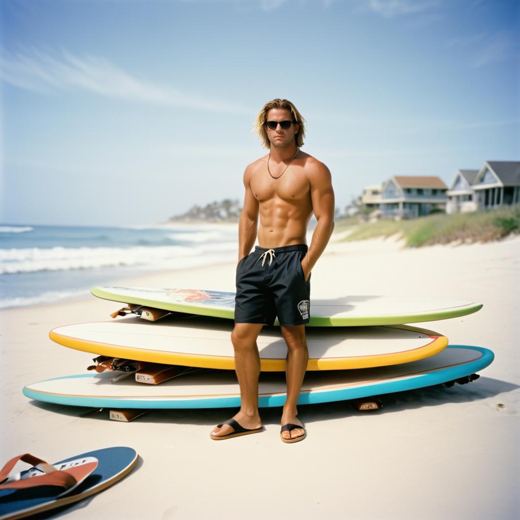 Confident Man with Surfboards on Sunny Beach