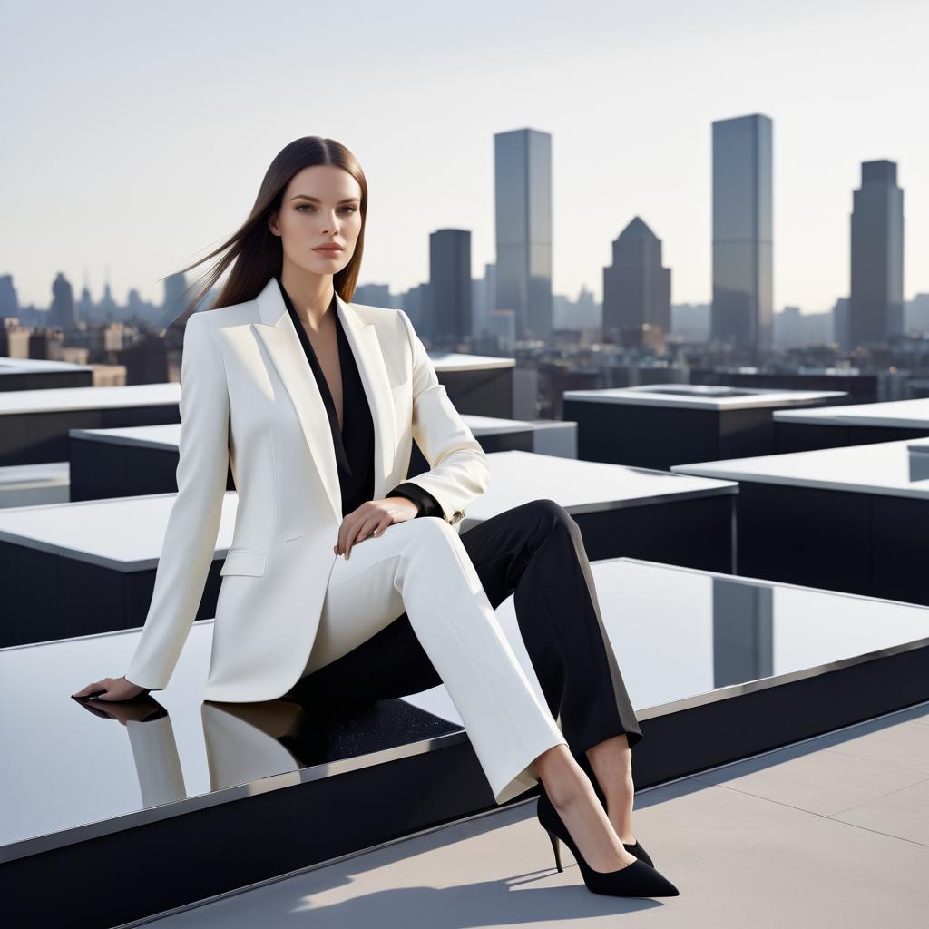 Confident Woman in Stylish Suit Overlooking City Skyline