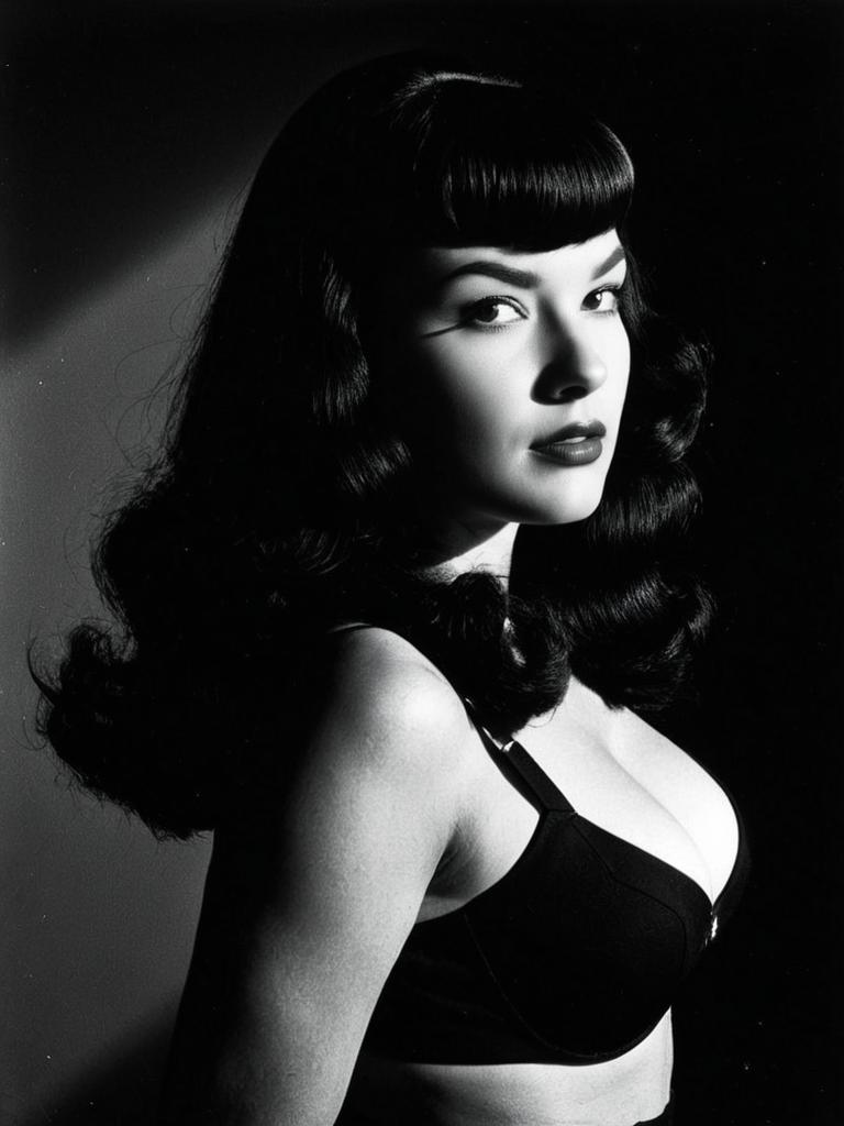 Vintage Style Woman with Bettie Page Bangs Waist-Up Editorial Portrait