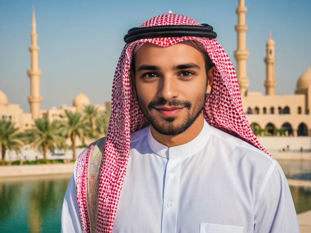 Emirati Man in Traditional Attire with Dubai Skyline