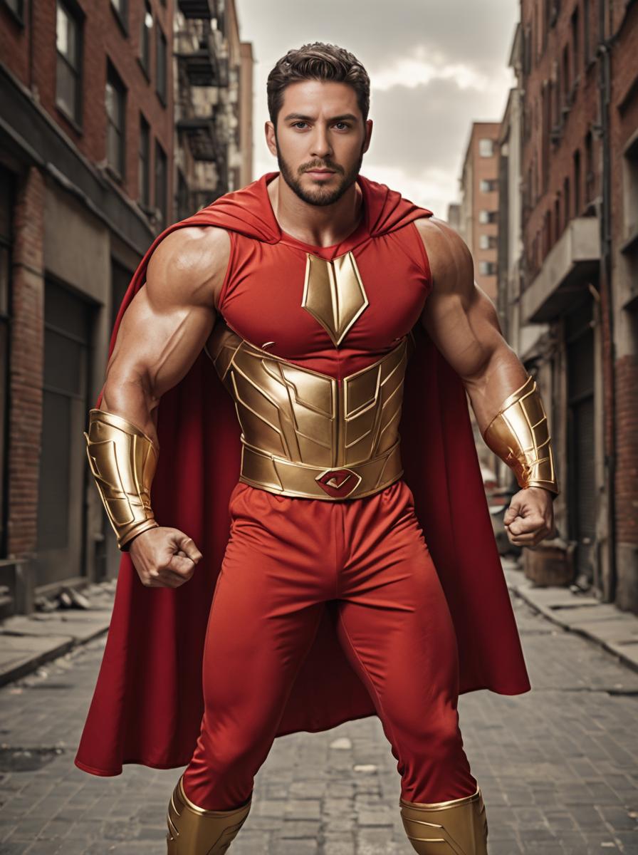 Muscular Superhero in Red and Gold Costume