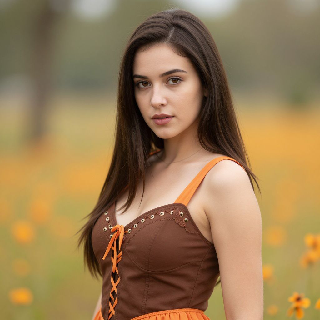 Young Woman in Brown and Orange Dress in Flower Field