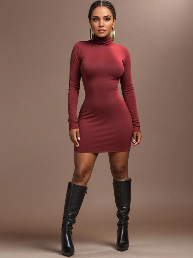 Elegant Woman in Burgundy Minidress and Black Boots