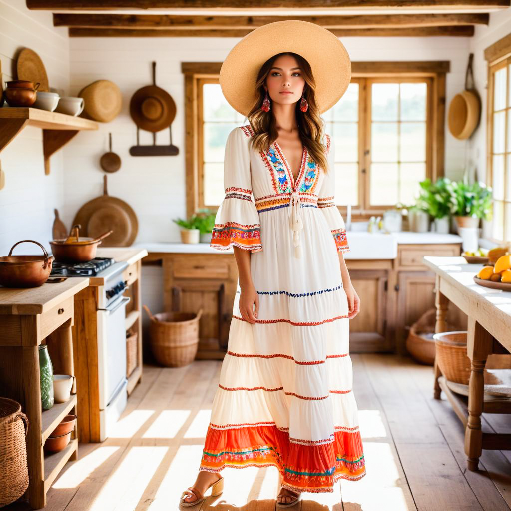 Young Woman in Stylish Kitchen with Embroidered Dress