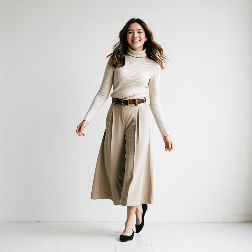 Stylish Woman in Beige Turtleneck and Wide-Leg Pants Walking Confidently