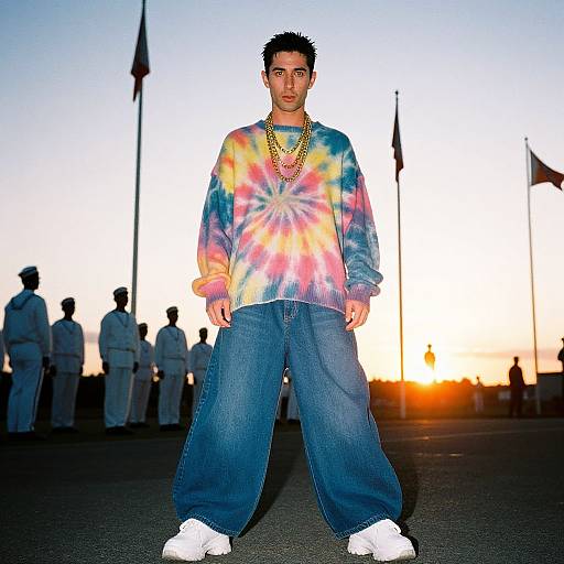 Young Man in Tie-Dye Sweater and Baggy Jeans at Sunset with Uniformed Background