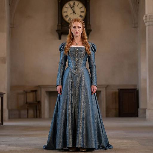 Woman in Blue Renaissance Gown Standing in Historic Hall with Antique Clock