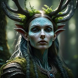 Fantasy Woman with Antlers and Tattoos