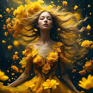 Woman in Yellow Dress Surrounded by Flowers