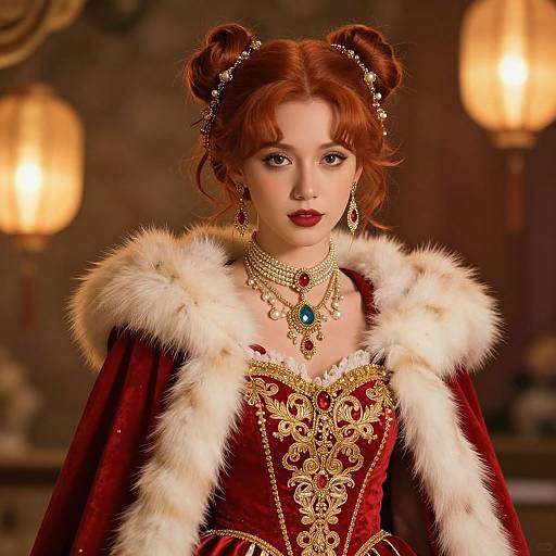 Red Haired Woman in Renaissance Style Gown with Fur Cape and Jewelry