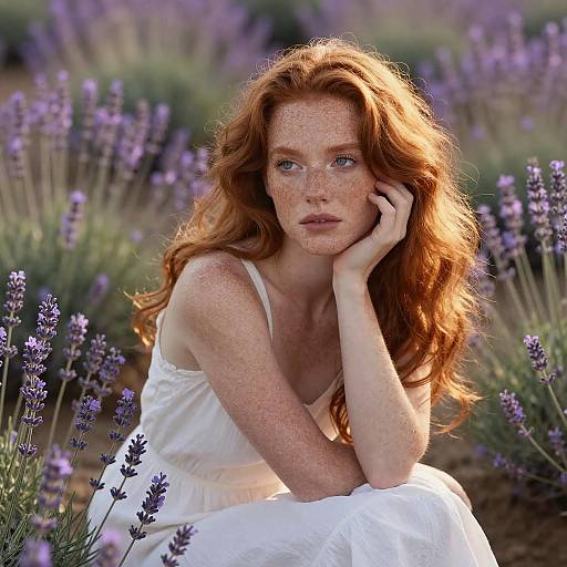 Red-Haired Woman in Lavender Field Wearing White Dress