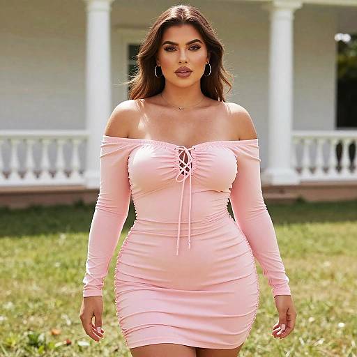 Woman Wearing Pink Off-Shoulder Bodycon Dress Outdoors