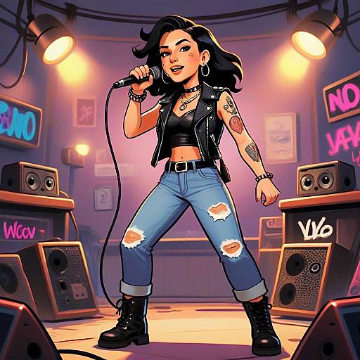 Gen Z Punk Rock Woman Singing on Stage with Tattoos and Ripped Jeans