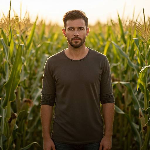 Young Man Standing in Sunlit Cornfield Vllm