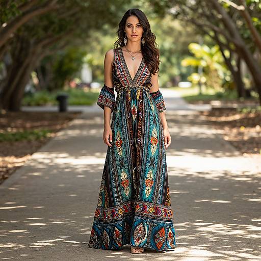 Bohemian Woman in Patterned Maxi Dress Walking Outdoors