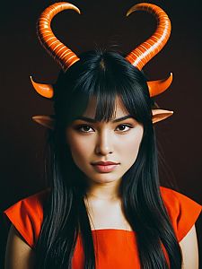 Fantasy Woman with Curved Orange Horns and Elf Ears in Red Outfit