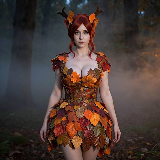 Autumn Leaf Fairy Woman in Fantasy Costume with Horns in Misty Forest