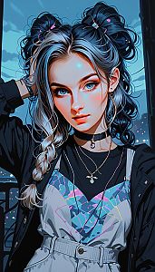 Young Woman with Blue and Black Pigtails in Urban Cityscape