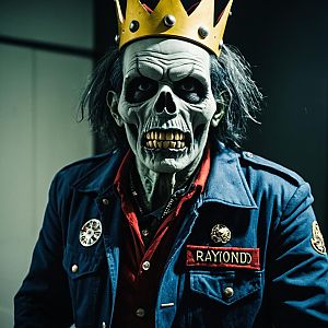 Realistic Skull Masked Figure with Crown and Blue Jacket