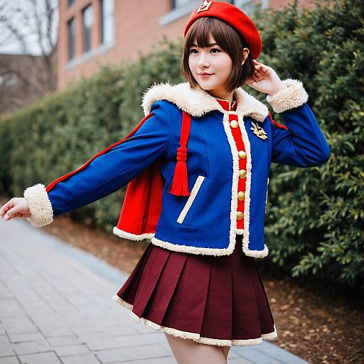 Young Woman in Colorful Winter Outfit with Red Beret and Pleated Skirt