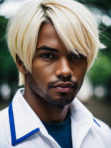 Portrait of Young Man with Platinum Blonde Hair in White and Blue Shirt
