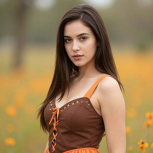 Young Woman in Brown and Orange Dress in Flower Field