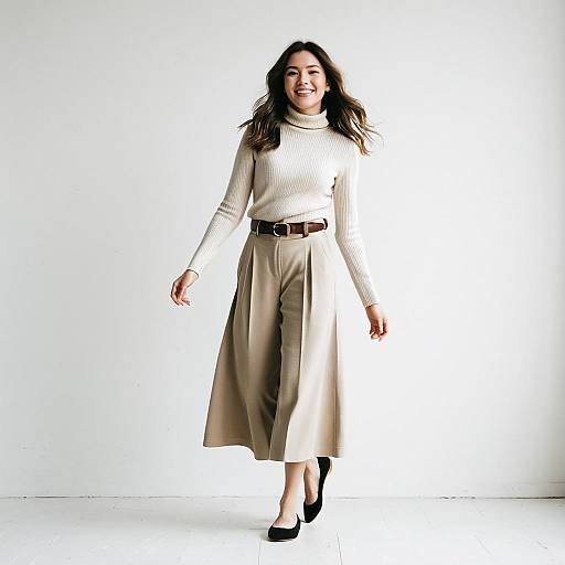 Stylish Woman in Beige Turtleneck and Wide-Leg Pants Walking Confidently