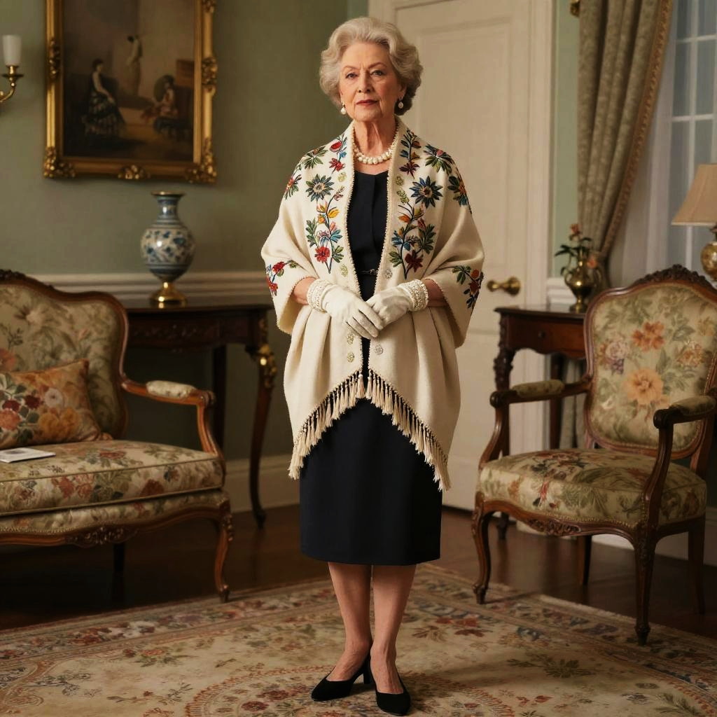 Elegant Older Woman in Vintage Style with Floral Shawl in Classic Interior