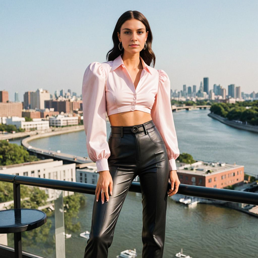 Stylish Woman on Balcony with City View