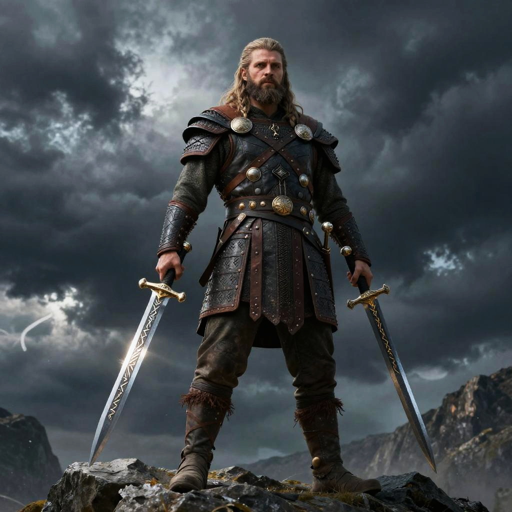 Warrior Man in Medieval Armor with Two Swords Against Stormy Sky