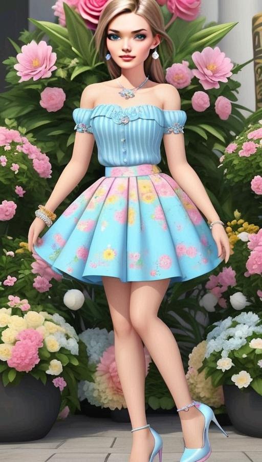 Elegant Woman in Blue Dress Among Flowers Elegant Woman in Blue Dress Among Flowers
