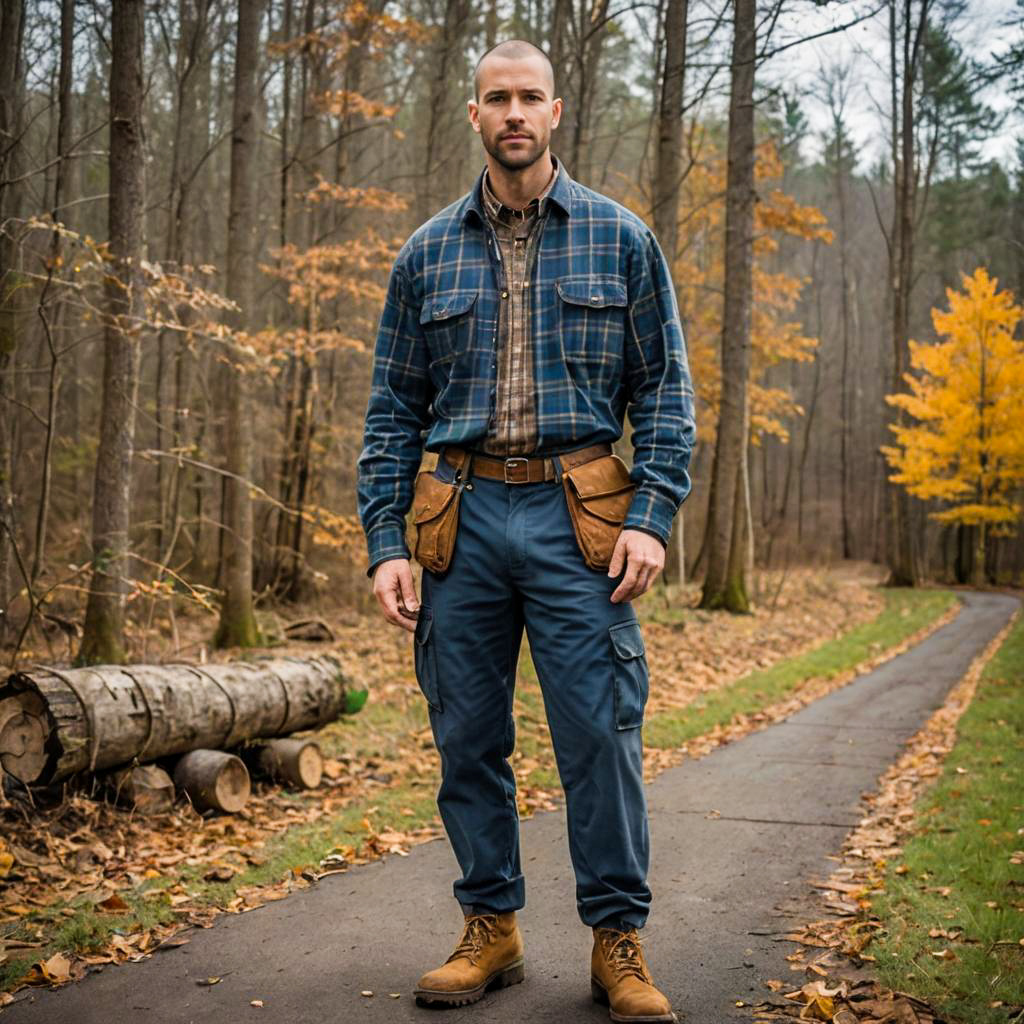 Man in Rugged Outdoor Apparel Standing on Autumn Forest Path