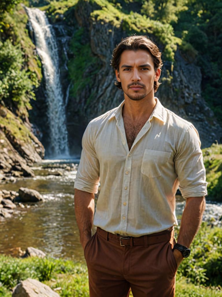 Man in Casual Attire at Stunning Waterfall