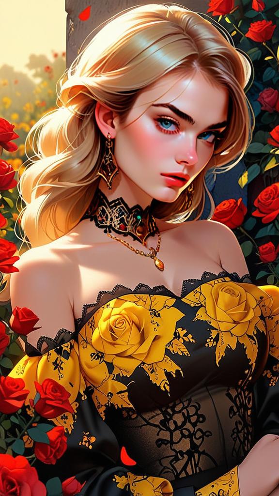Elegant Woman in Floral Gown Surrounded by Red Roses