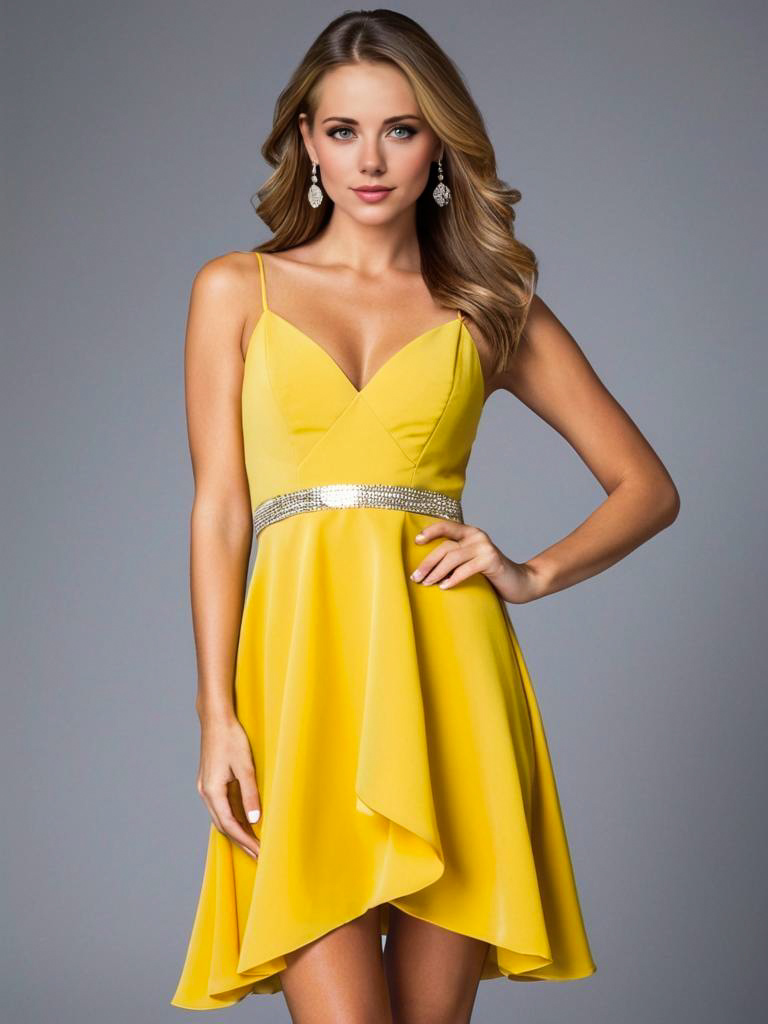 Elegant Woman in Yellow Dress with Asymmetrical Hem