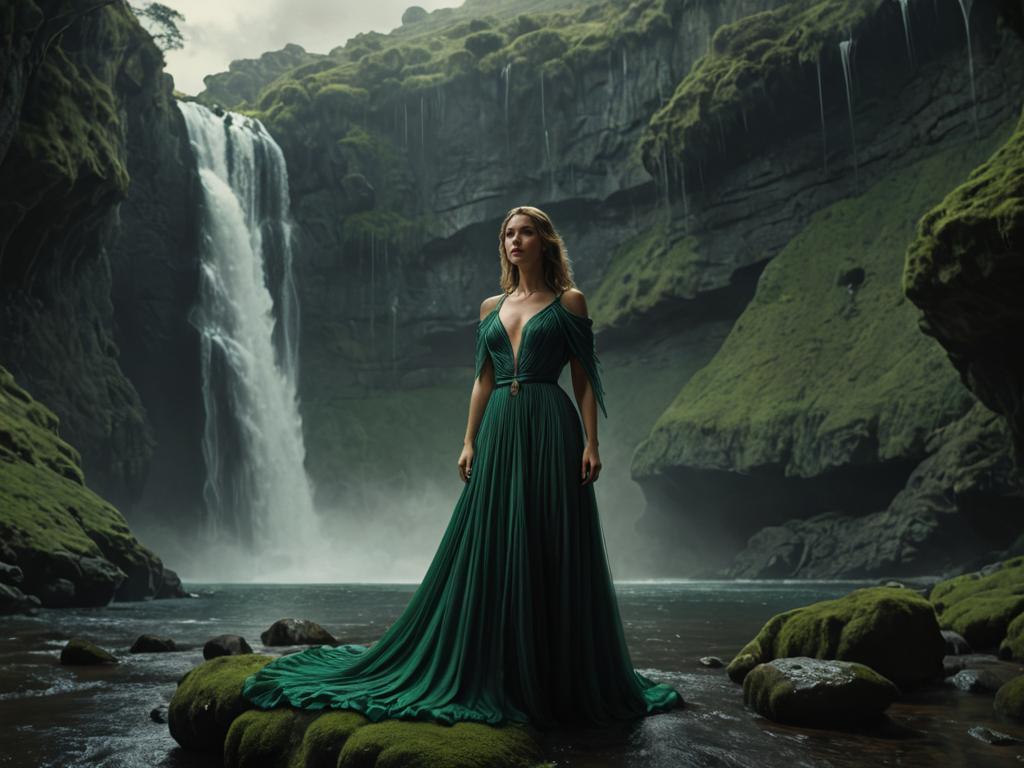 Woman in Green Dress at Waterfall in Moody Cavern