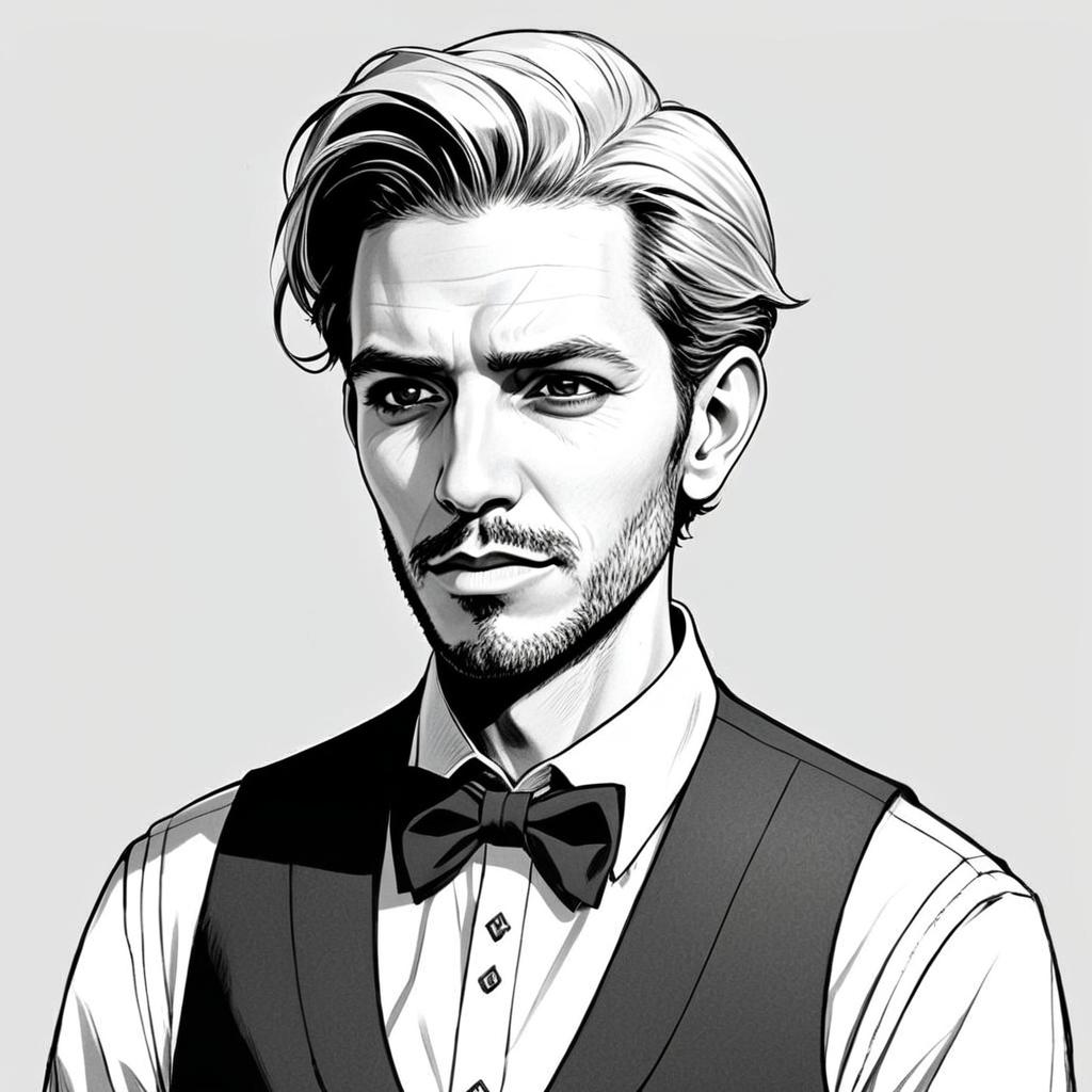 Black and White Digital Illustration of a Formal Man with Bow Tie