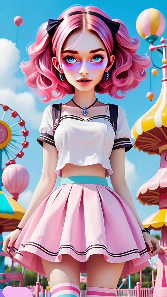 Young Woman with Pink Hair at Amusement Park