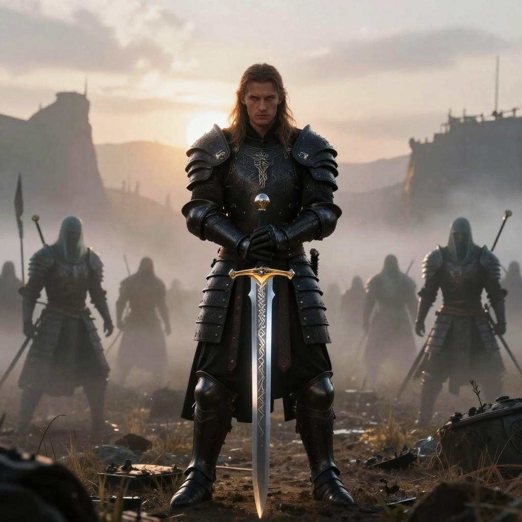 Dark Fantasy Knight in Black Armor Holding Sword on Misty Battlefield