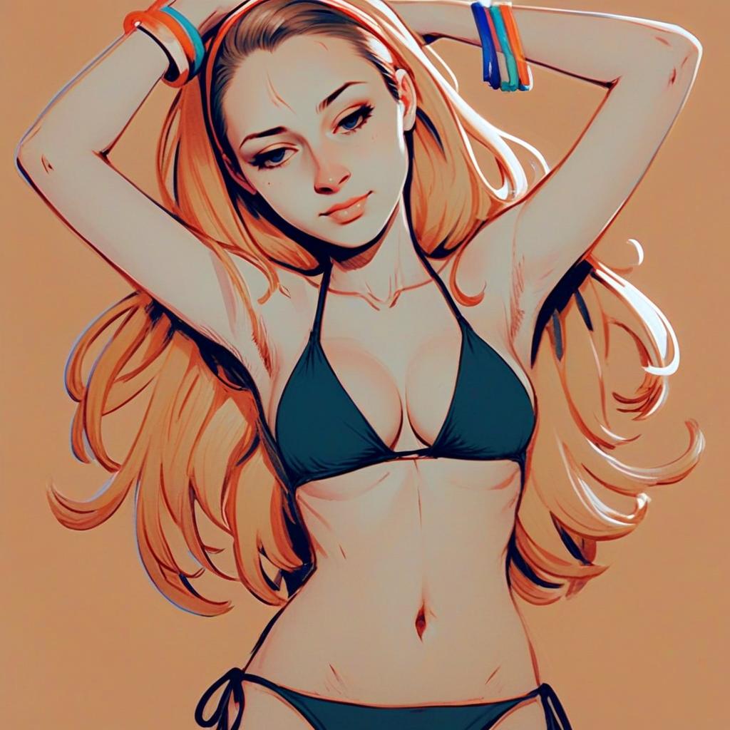 Young Woman in Black Bikini - Anime Illustration