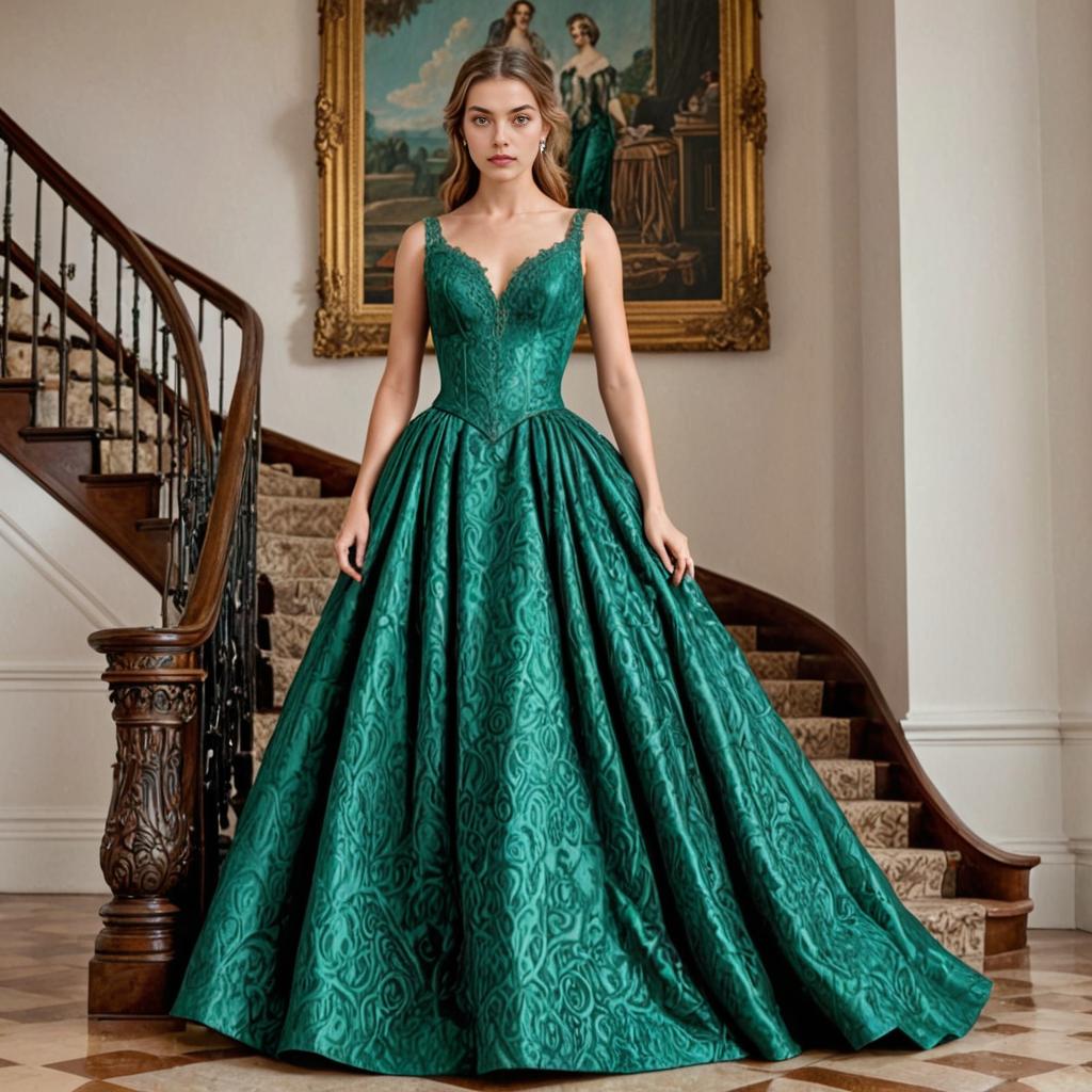 Elegant Woman in Emerald Green Ball Gown on Grand Staircase