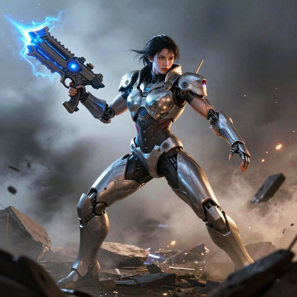 Futuristic Woman in Cybernetic Armor with Energy Weapon in Sci-Fi Battle Scene