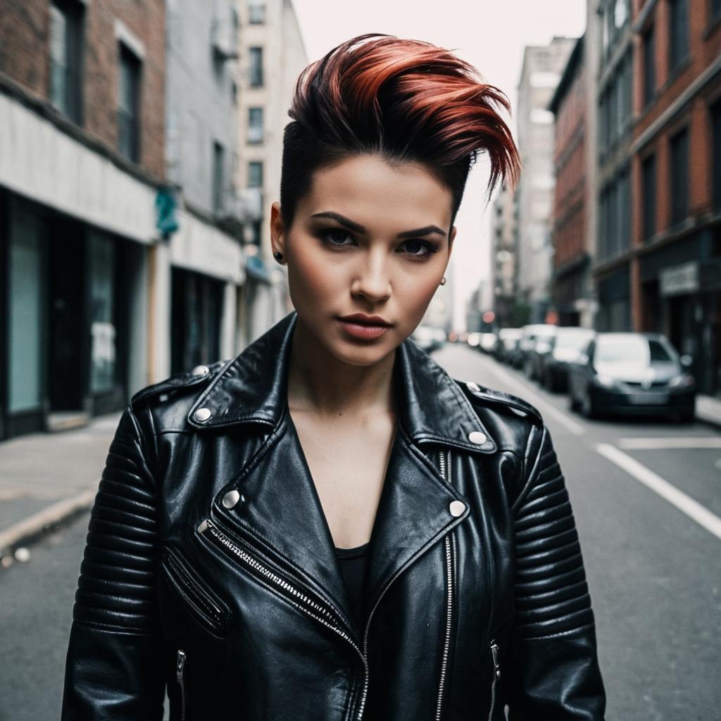 Confident Young Woman with Edgy Hairstyle in Black Leather Jacket on Urban Street