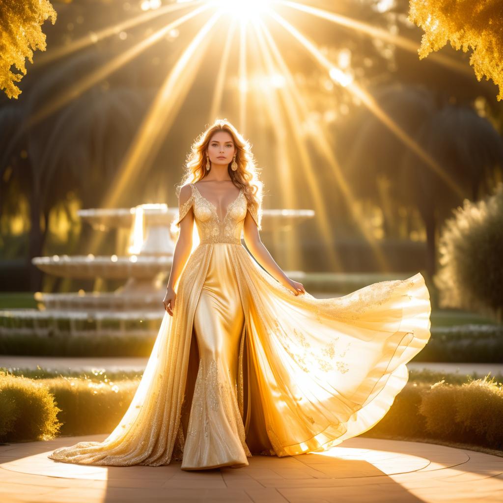 Woman in Golden Gown in Sunlit Garden