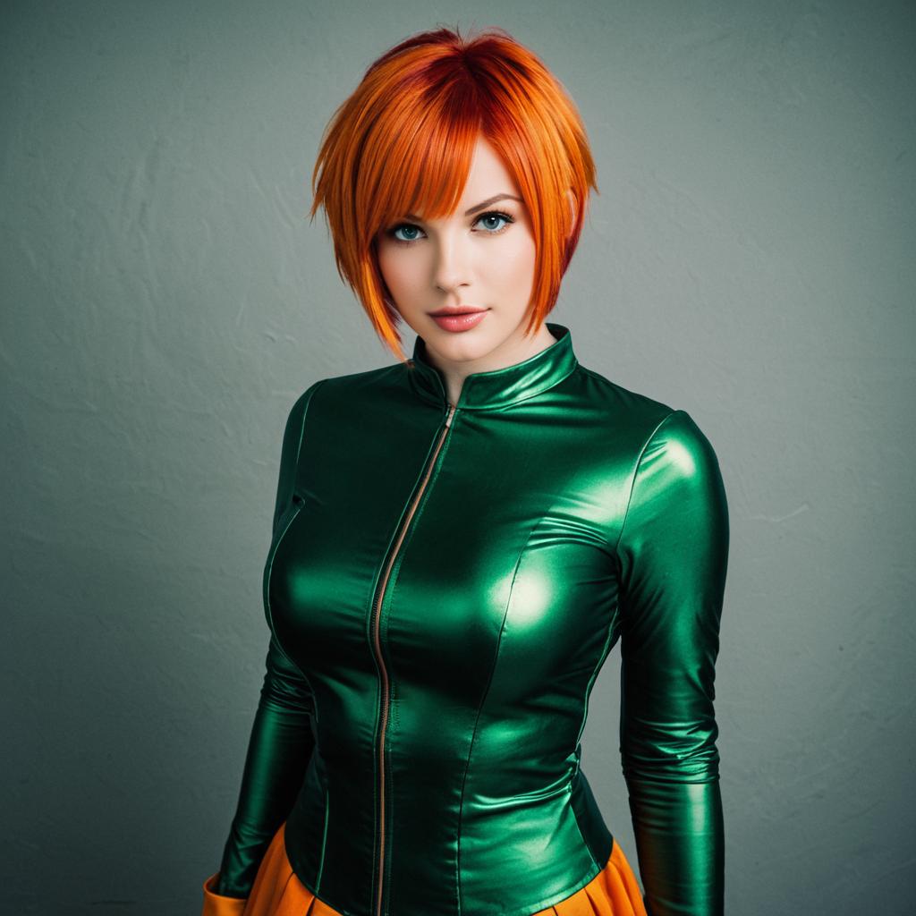 Woman with Orange Hair in Metallic Green Top and Orange Skirt Portrait