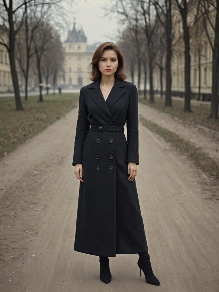 Confident Woman in Black Trench Coat on Misty Pathway