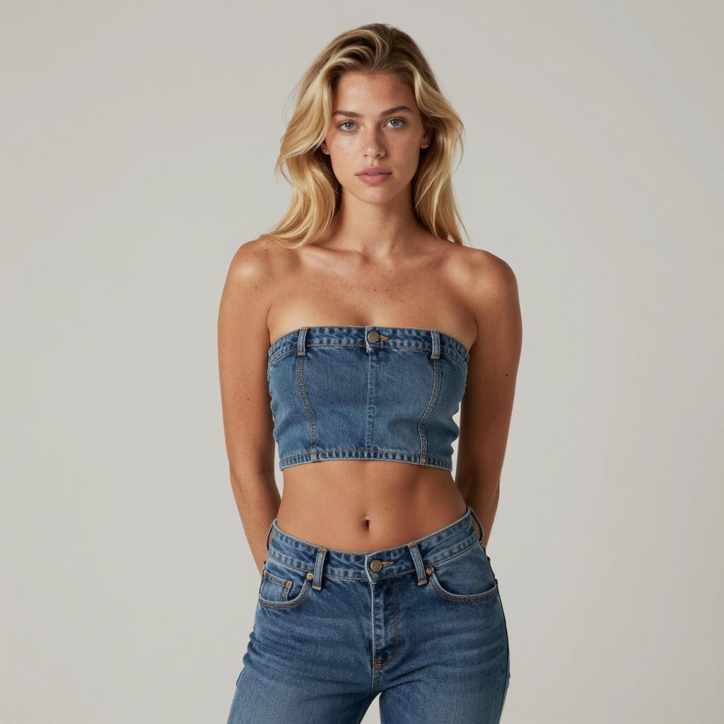 Young Woman Wearing Denim Tube Top and Jeans Fashion Portrait