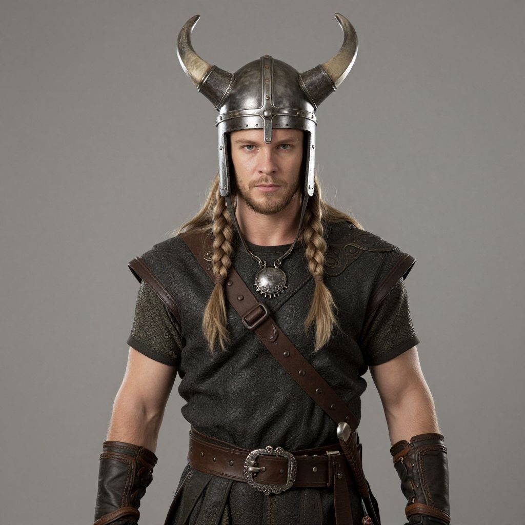 Viking Warrior Man in Horned Helmet and Medieval Armor