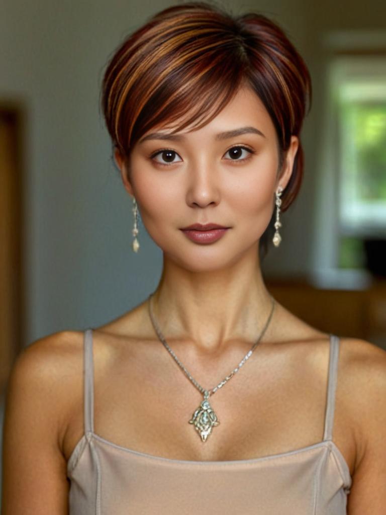 Elegant Woman with Pixie Haircut and Delicate Jewelry